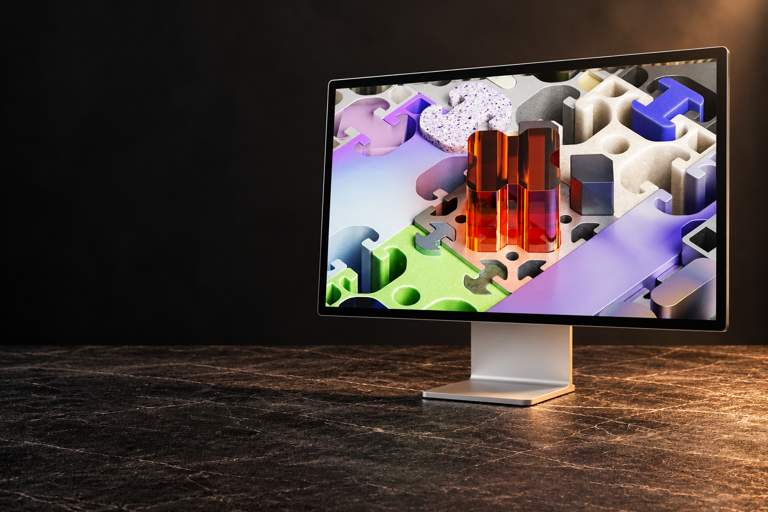 Apple studio Display in a dark editorial studio setting.