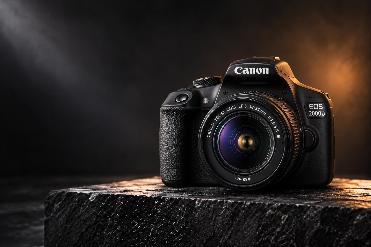 Canon in a dark editorial studio setting.