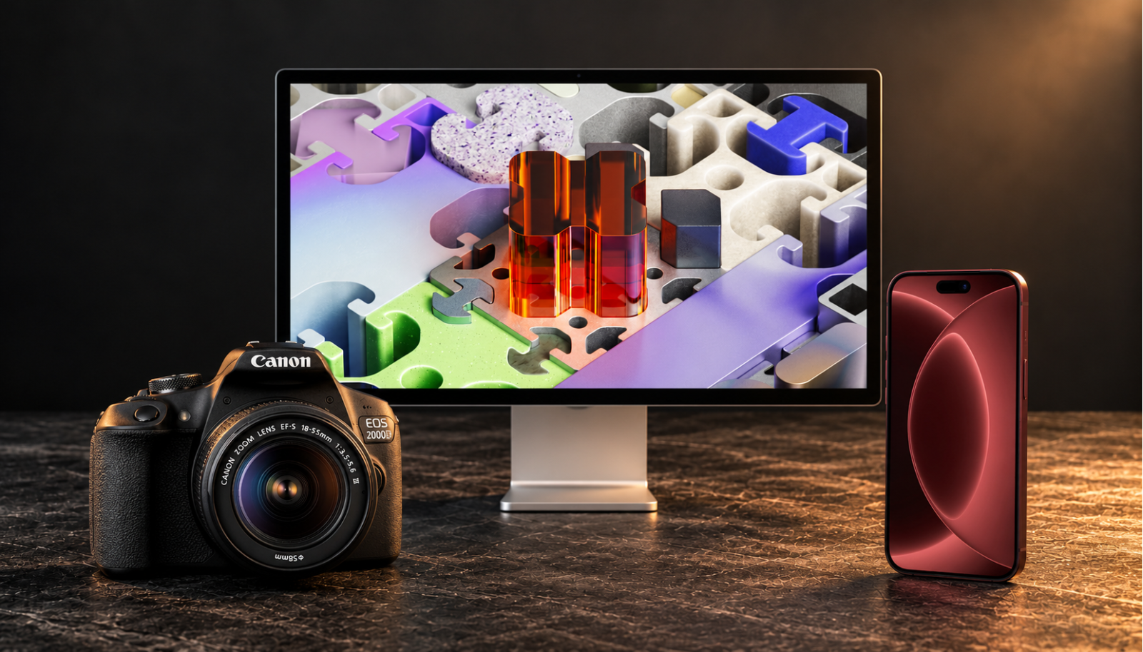 A dark stone workspace with a Canon camera at left, an Apple studio display in the middle and an original iPhone 18 Pro at right.